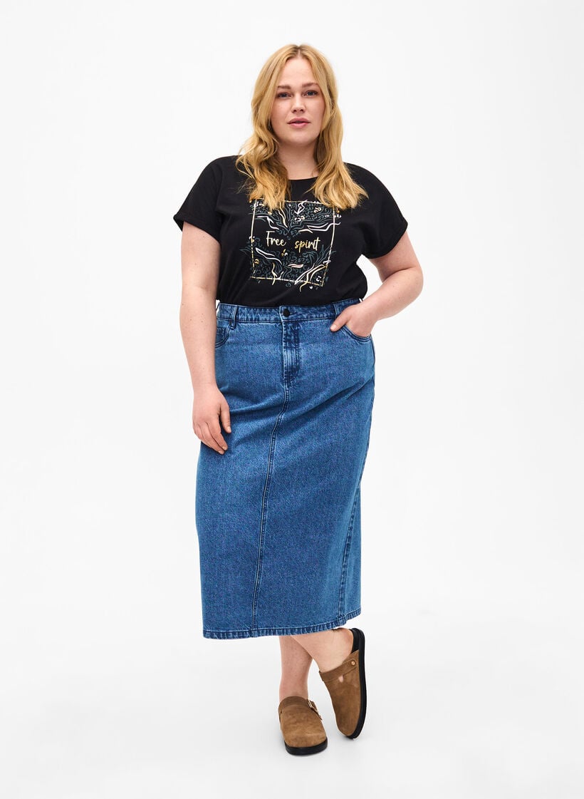 Organic cotton T-shirt with gold print, Black W. Free, Model image number 3