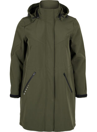 Long, hooded softshell jacket, Forest Night Solid, Packshot image number 0