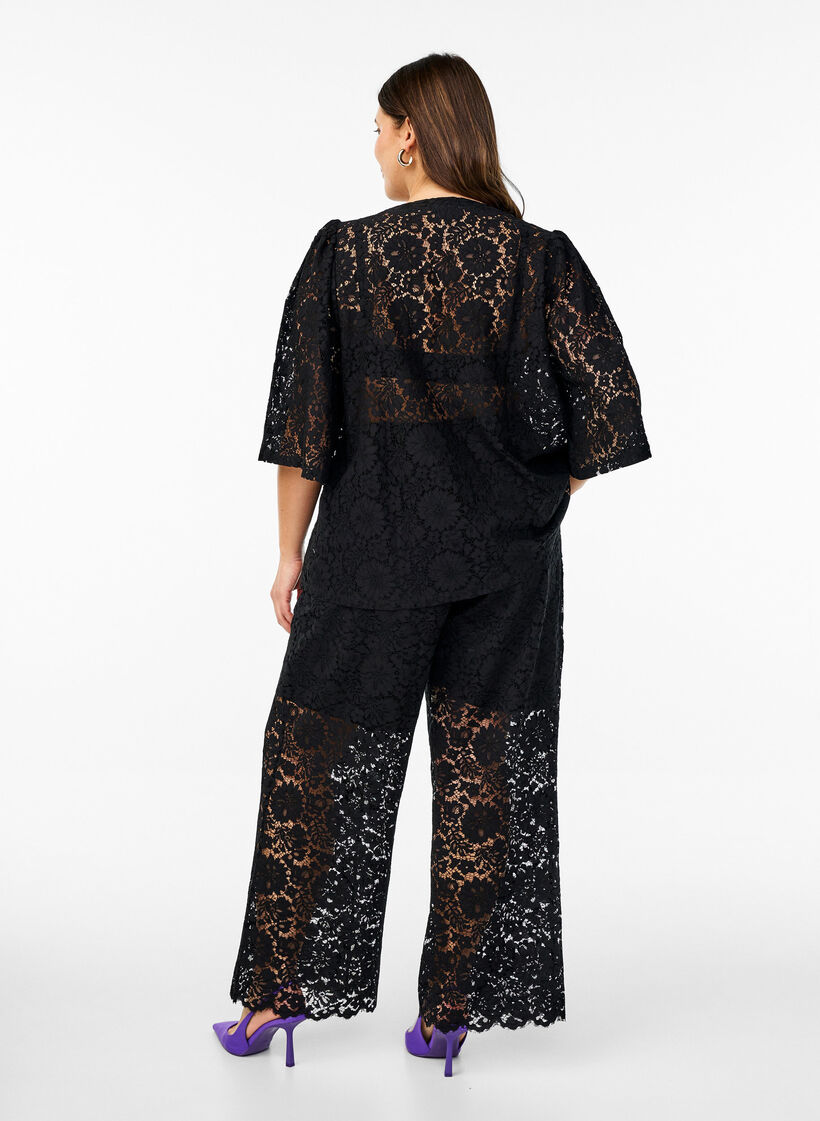 Lace trousers with a high waist and pockets, Black, Model image number 1
