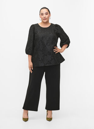 Jacquard blouse with 3/4 sleeves, Black, Model image number 2