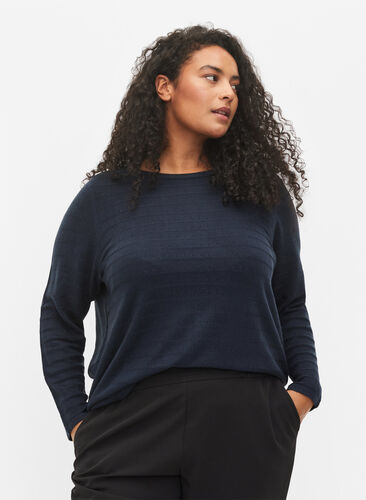 Textured knitted top with round neck, Navy Blazer, Model image number 0