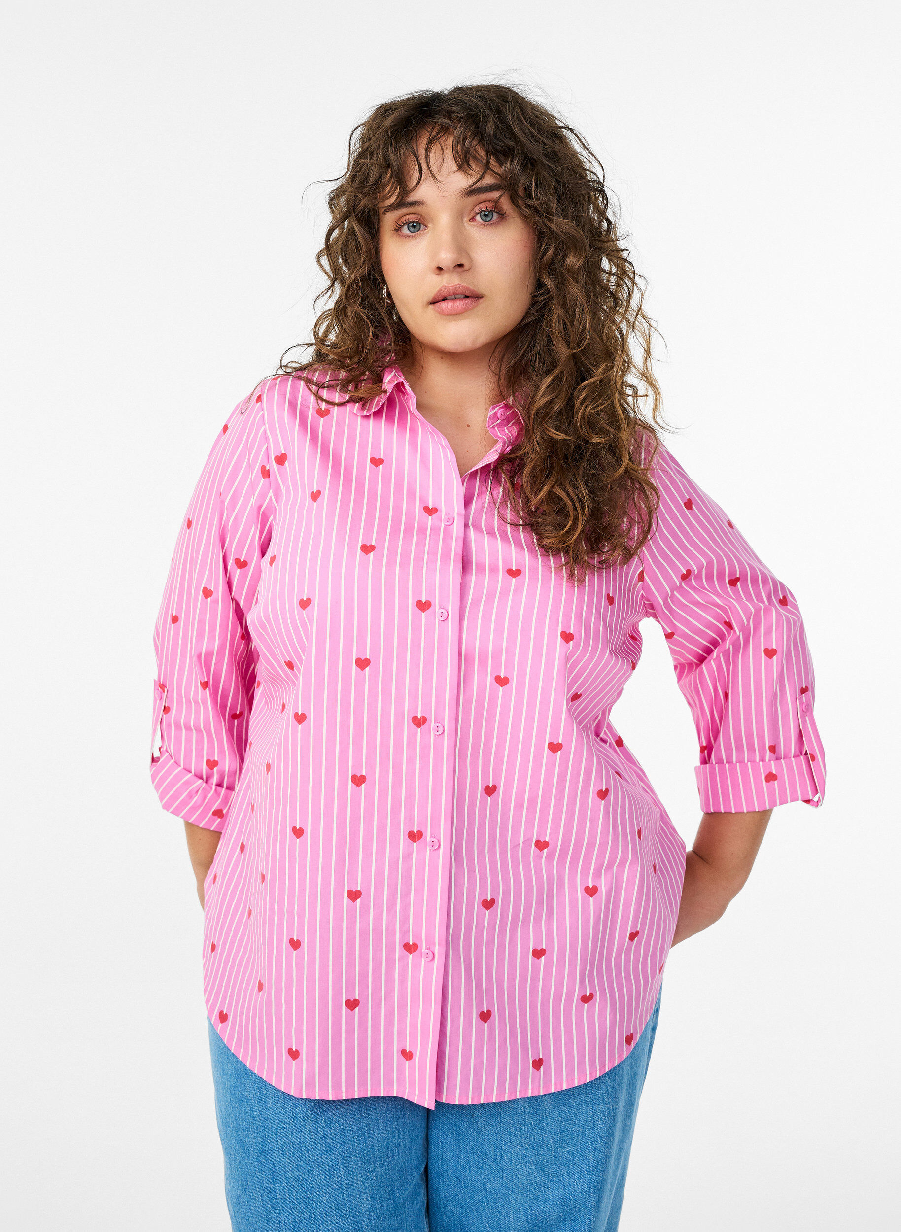ZizzifashionShirt blouse with stripes and hearts, Pink, Model image number 0