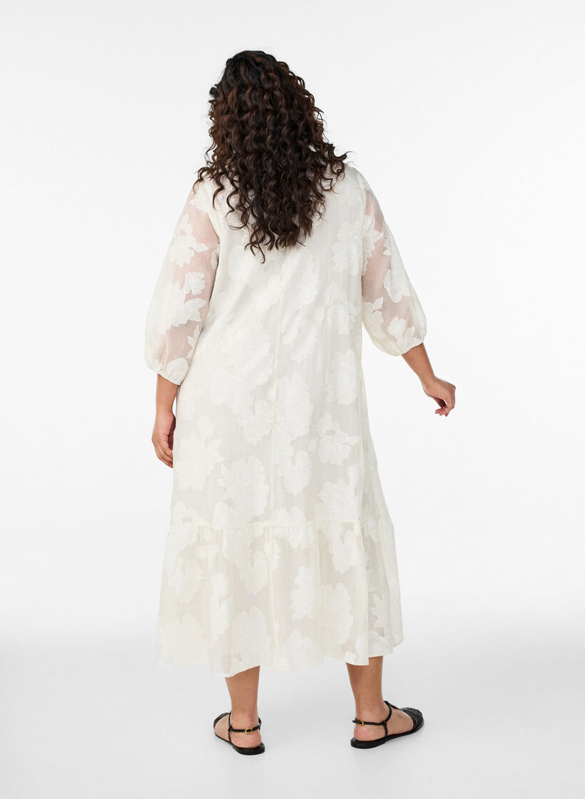 Midi dress with a floral print and sheer 3/4 sleeves, Beige, Model image number 1