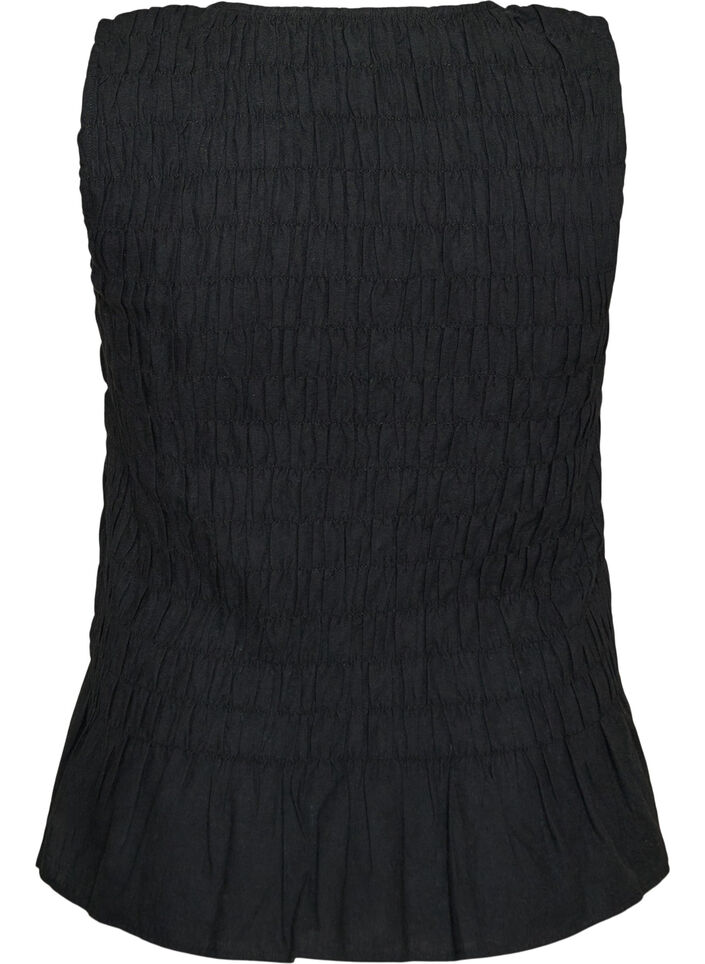 Sleeveless cotton and linen top with smock, Black, Packshot image number 1