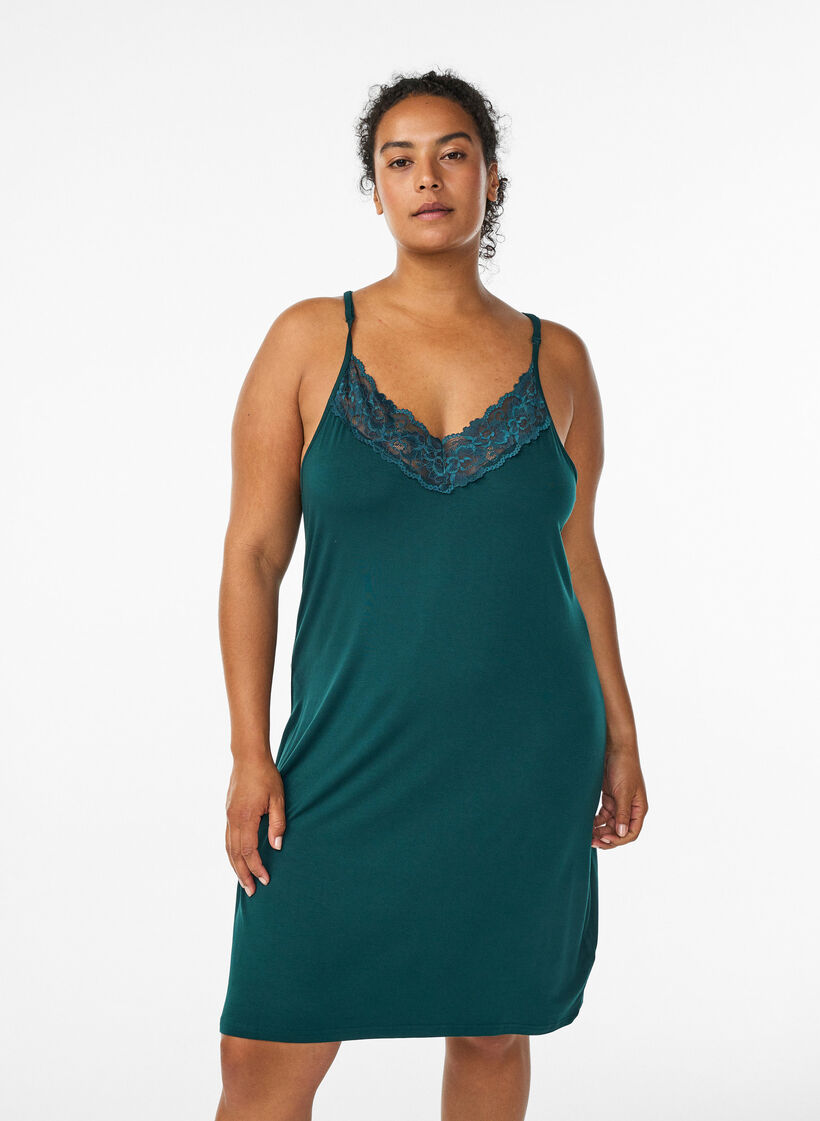 Sleeveless viscose nightgown with lace details, Green, Model image number 0