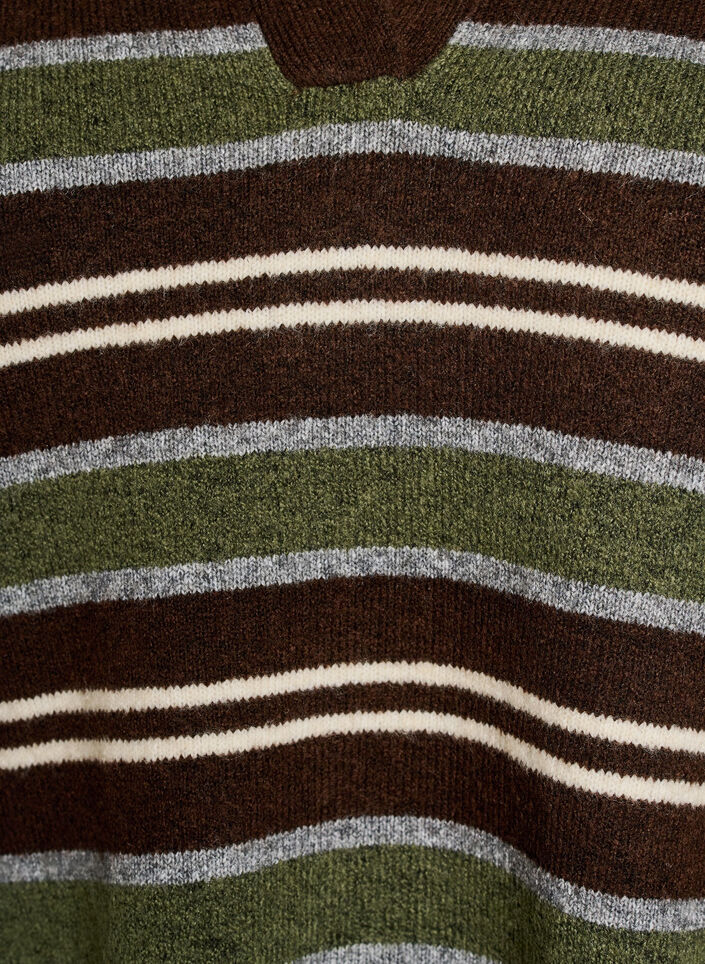 Knitted blouse with stripes and polo collar, Brown, Packshot