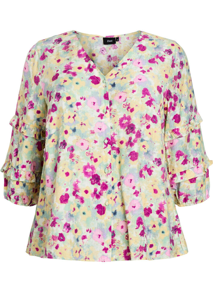Blouse with ruffle details and floral print, Vanilla, Packshot image number 0