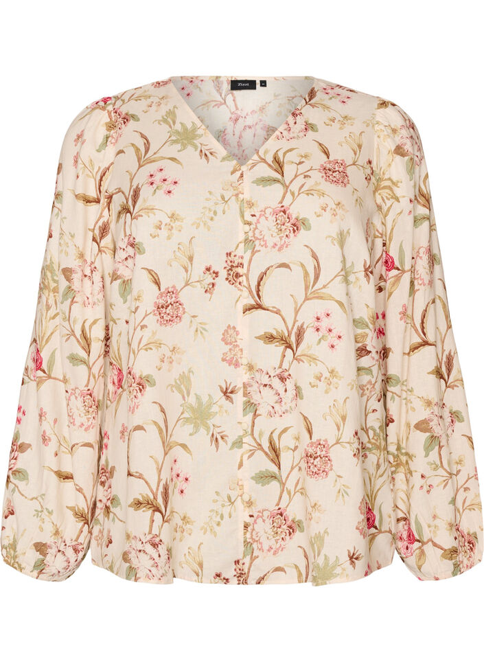 Floral blouse in linen and viscose with long sleeves, Vanilla, Packshot image number 0