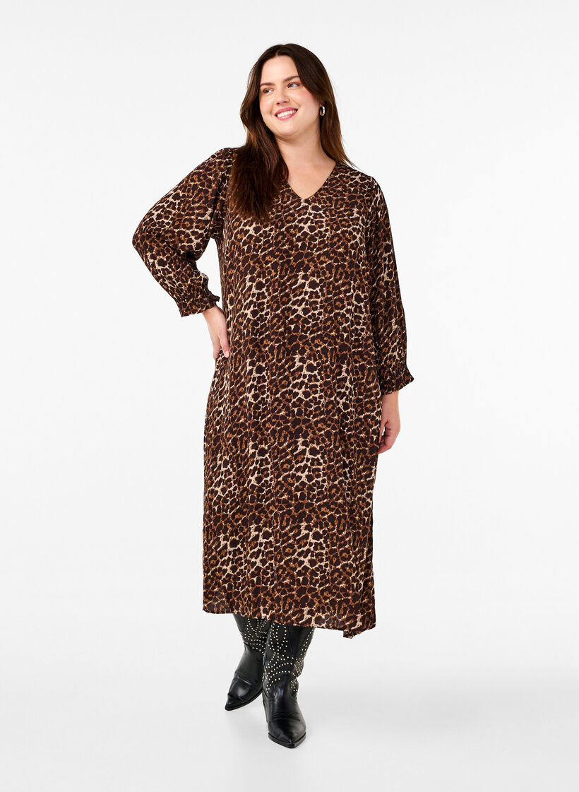 Long leopard print dress with 3/4 sleeves, Leo AOP, Model image number 0