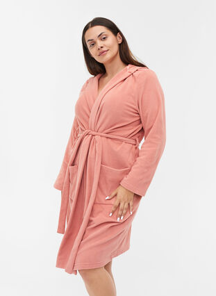 Bathrobe with hood and pockets, Rose, Model image number 0