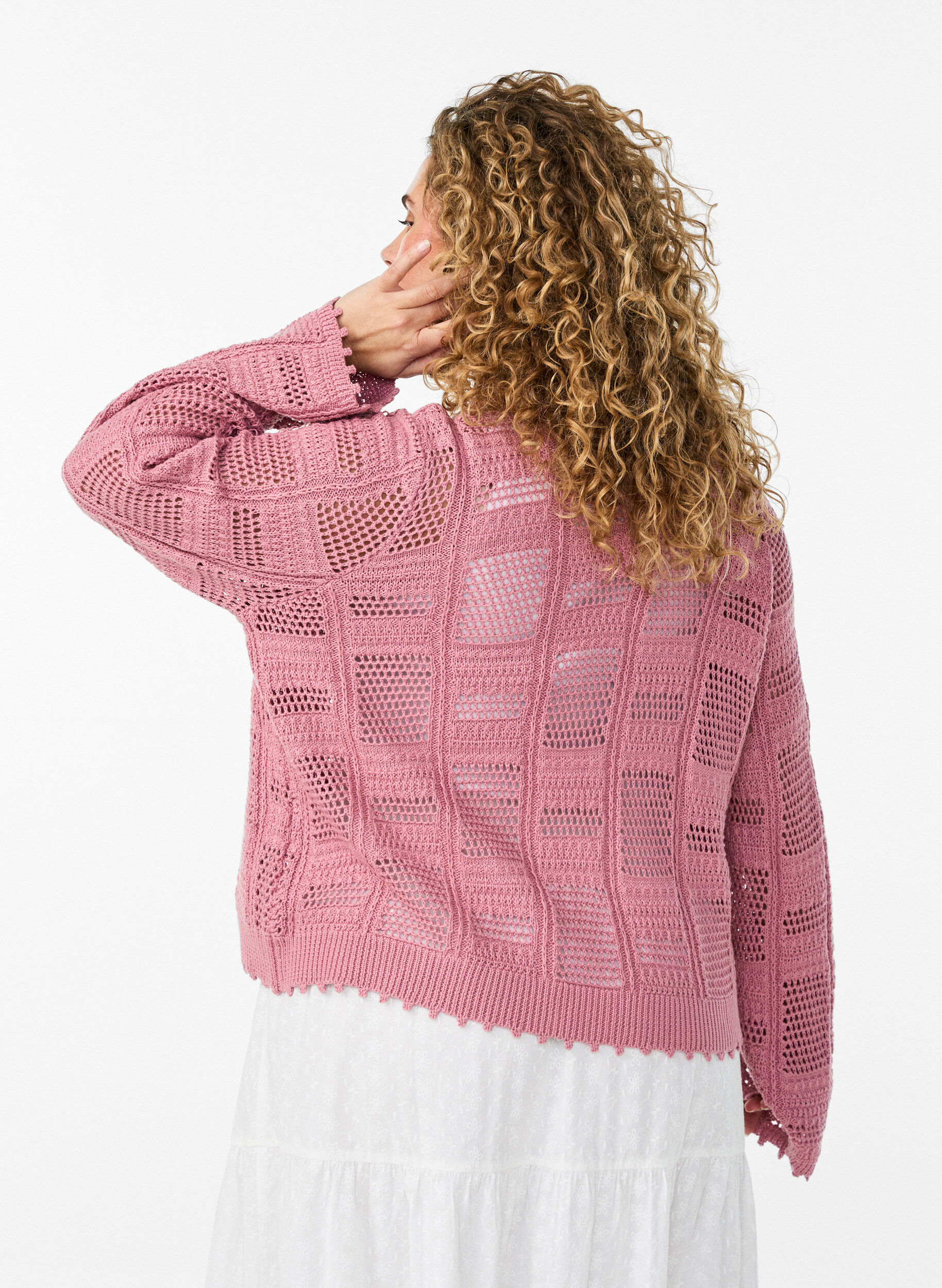 Zizzifashion Knitted cardigan with ties and an openwork pattern, Rose, Model image number 2