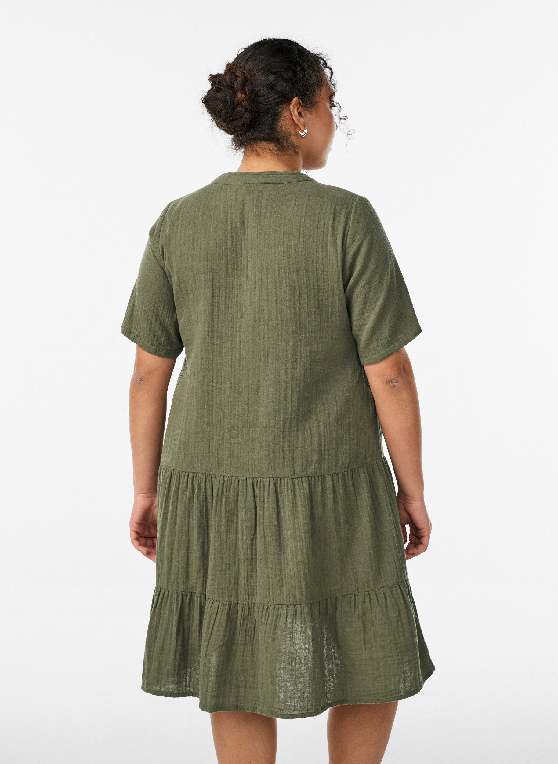 ZizzifashionShort A-line dress in cotton muslin, Green, Model image number 2