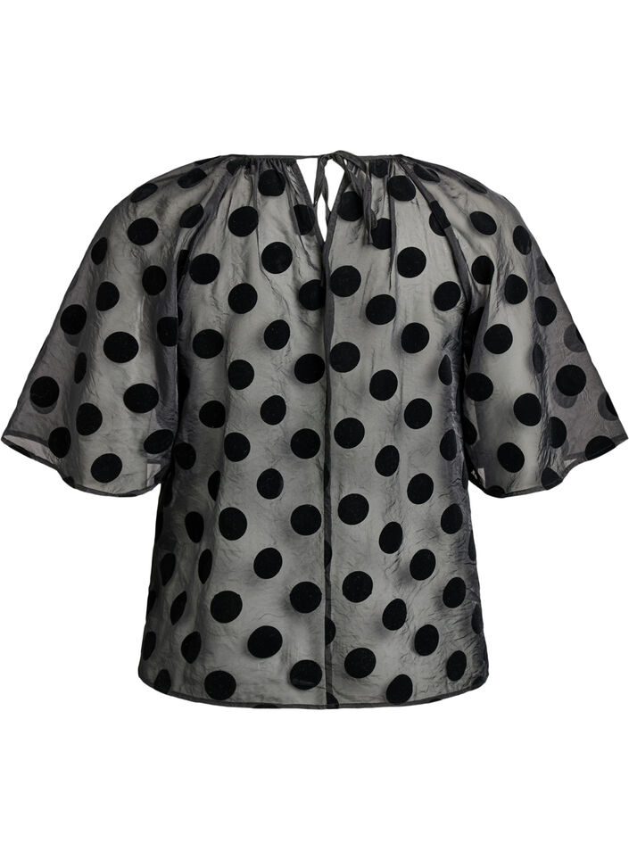 Party blouse in organza-look with velvet dots, Black, Packshot image number 1