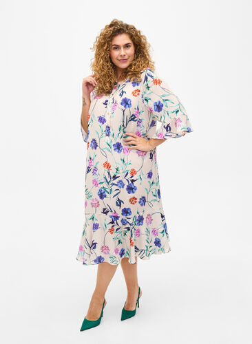 Floral midi dress with 3/4 sleeves, Buttercream Blue Fl., Model image number 0