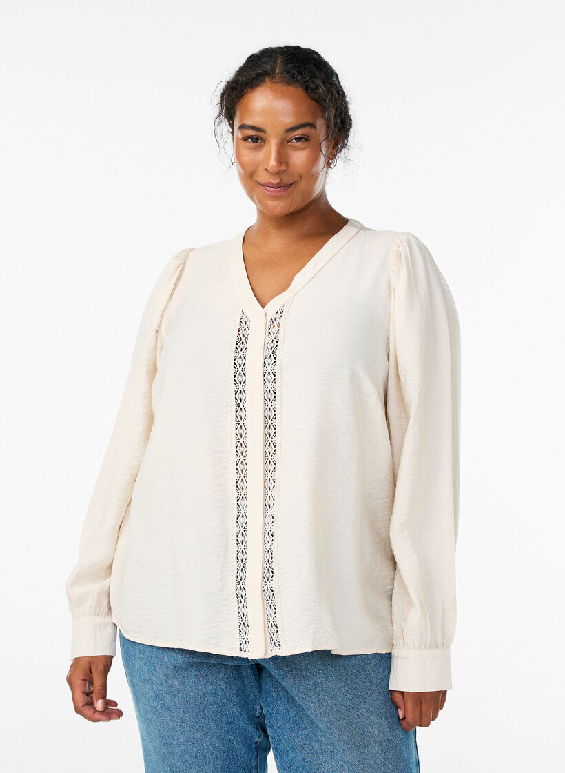 Blouse with V-neck and embroidered bands, Beige, Model image number 0