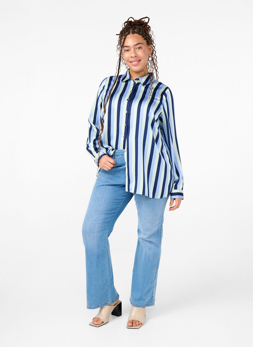 Striped satin shirt with collar, Blue Stripe, Model image number 2