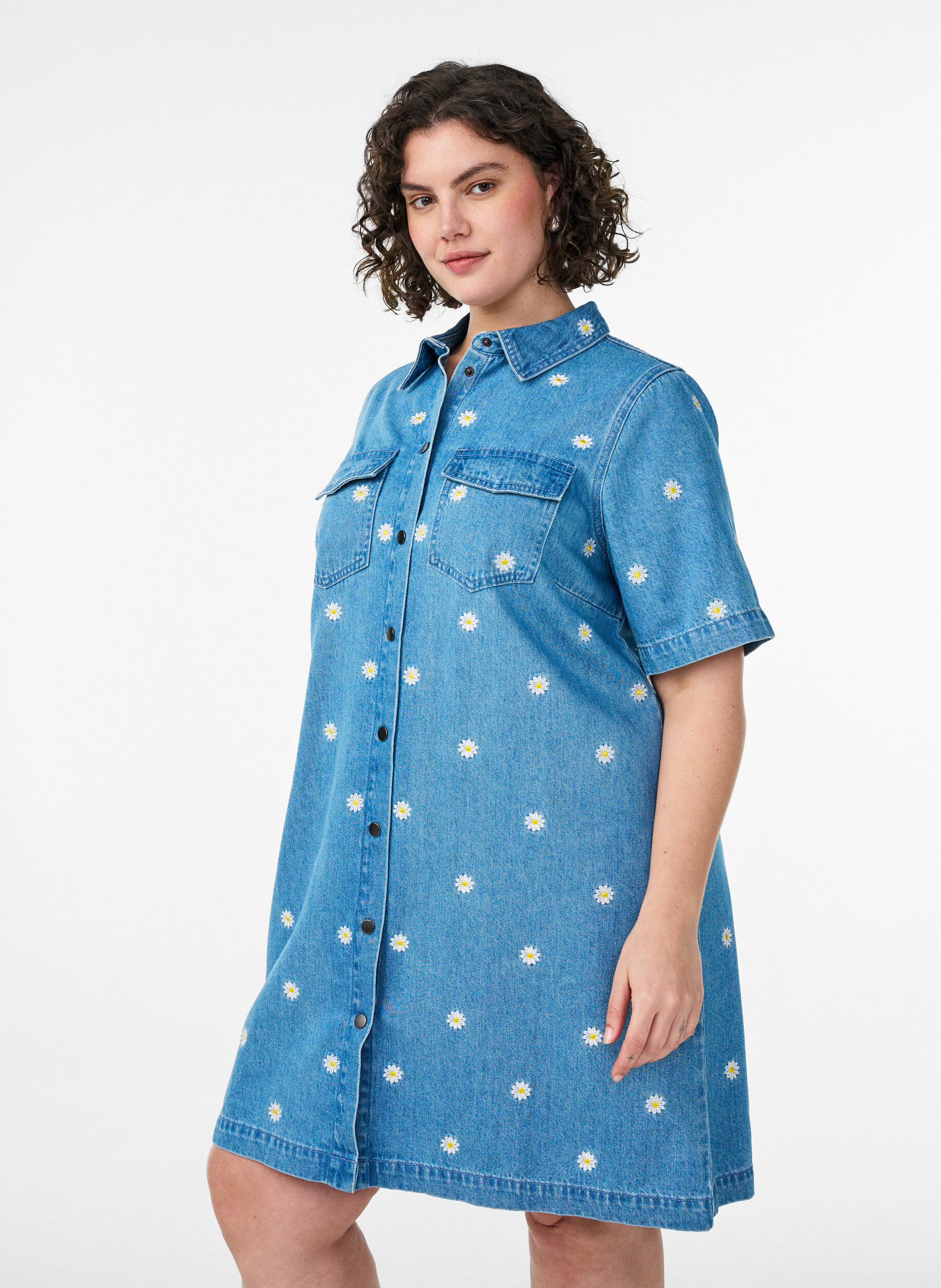ZizzifashionShort denim dress with embroidered flowers, Light Blue, Model image number 0