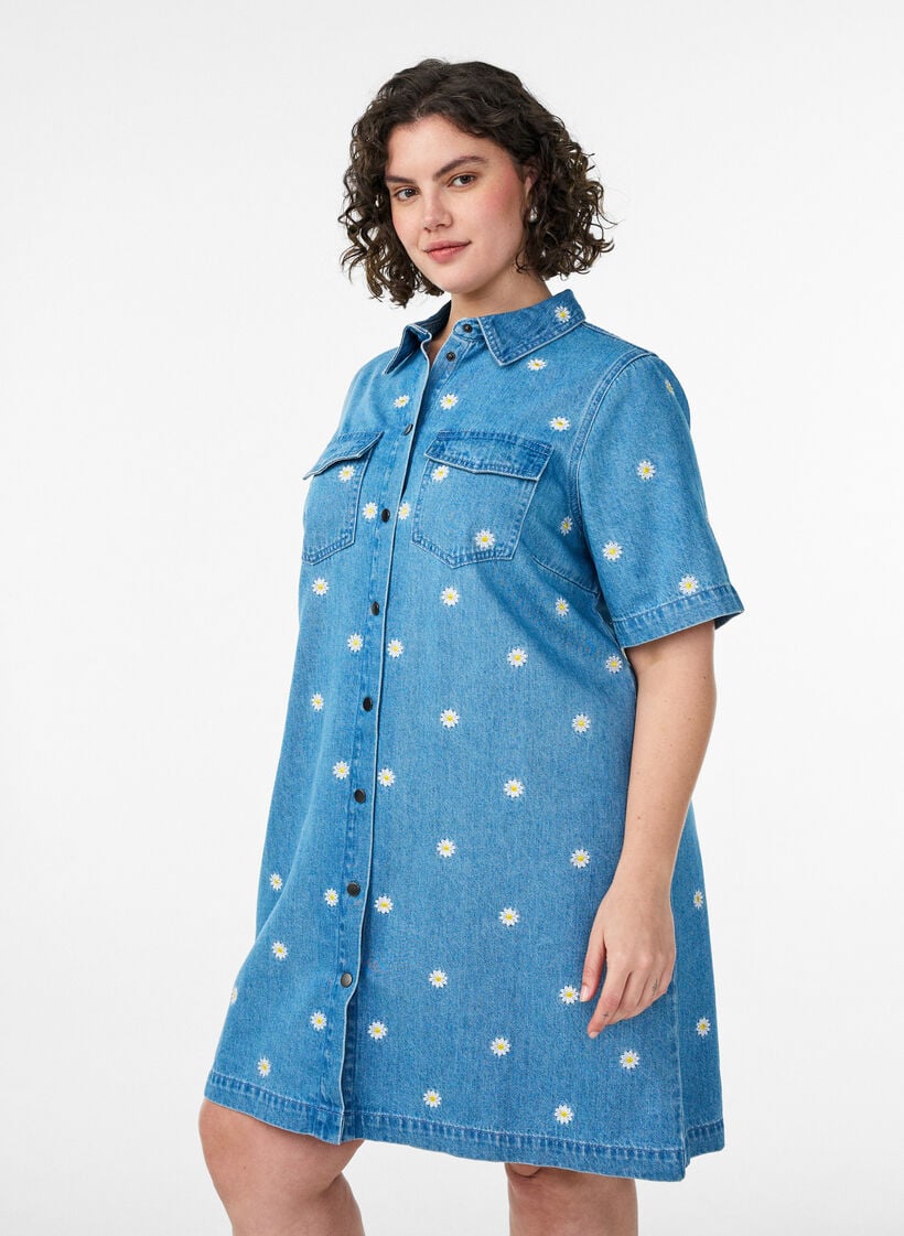 Short denim dress with embroidered flowers, Light Blue, Model image number 0