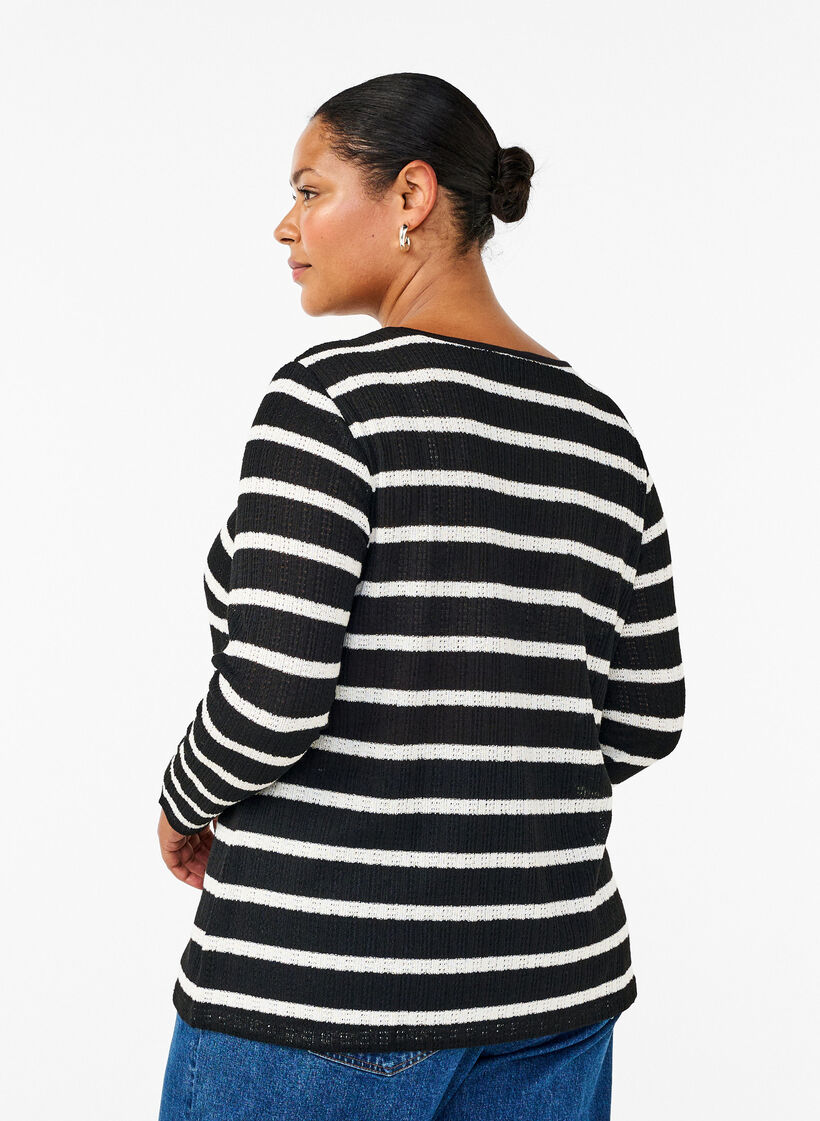 Blouse with stripes and long sleeves, Black Sand Stripe, Model image number 1
