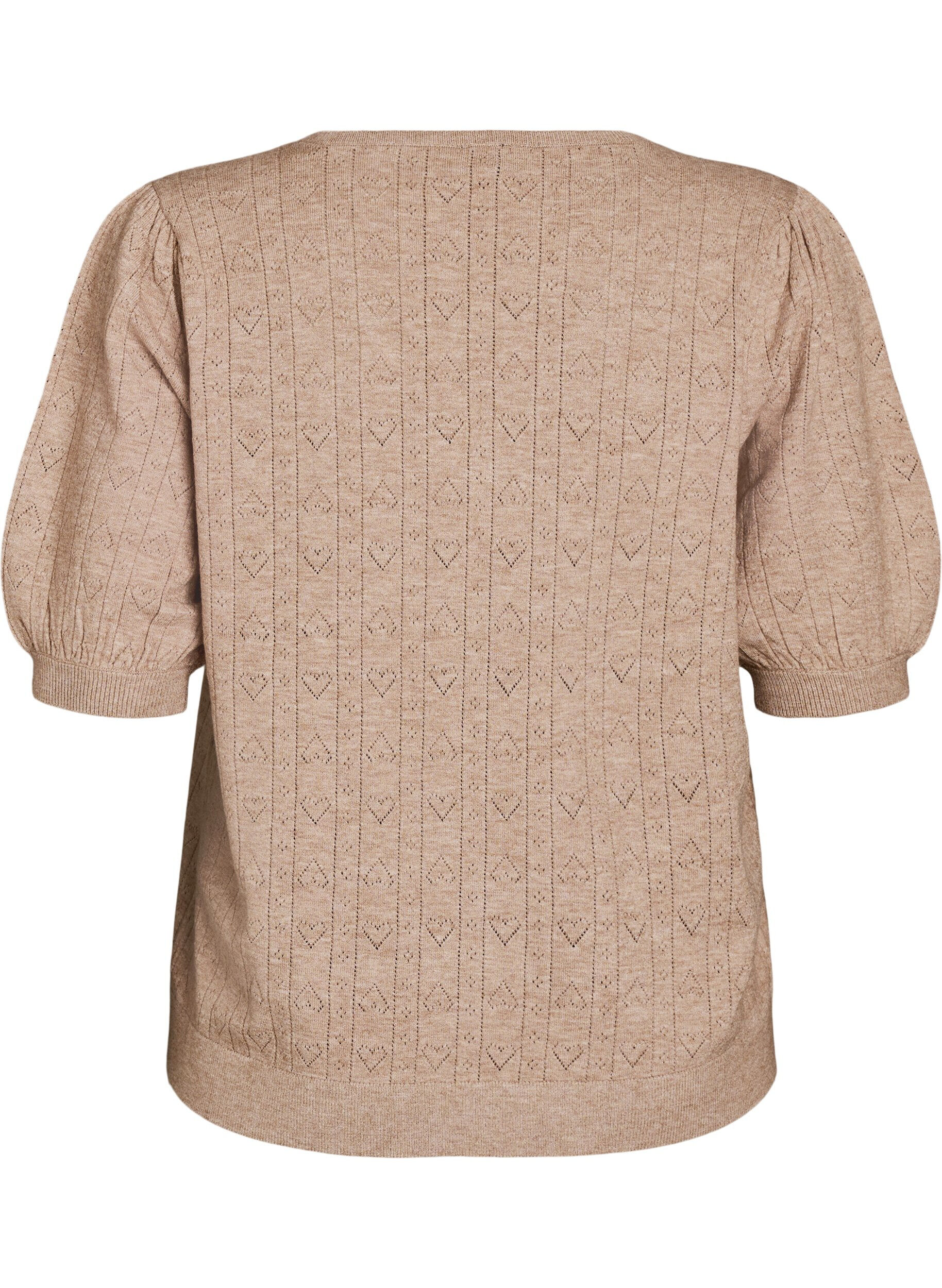 ZizzifashionShort-sleeved knit blouse with a pointelle pattern, Beige, Packshot image number 1