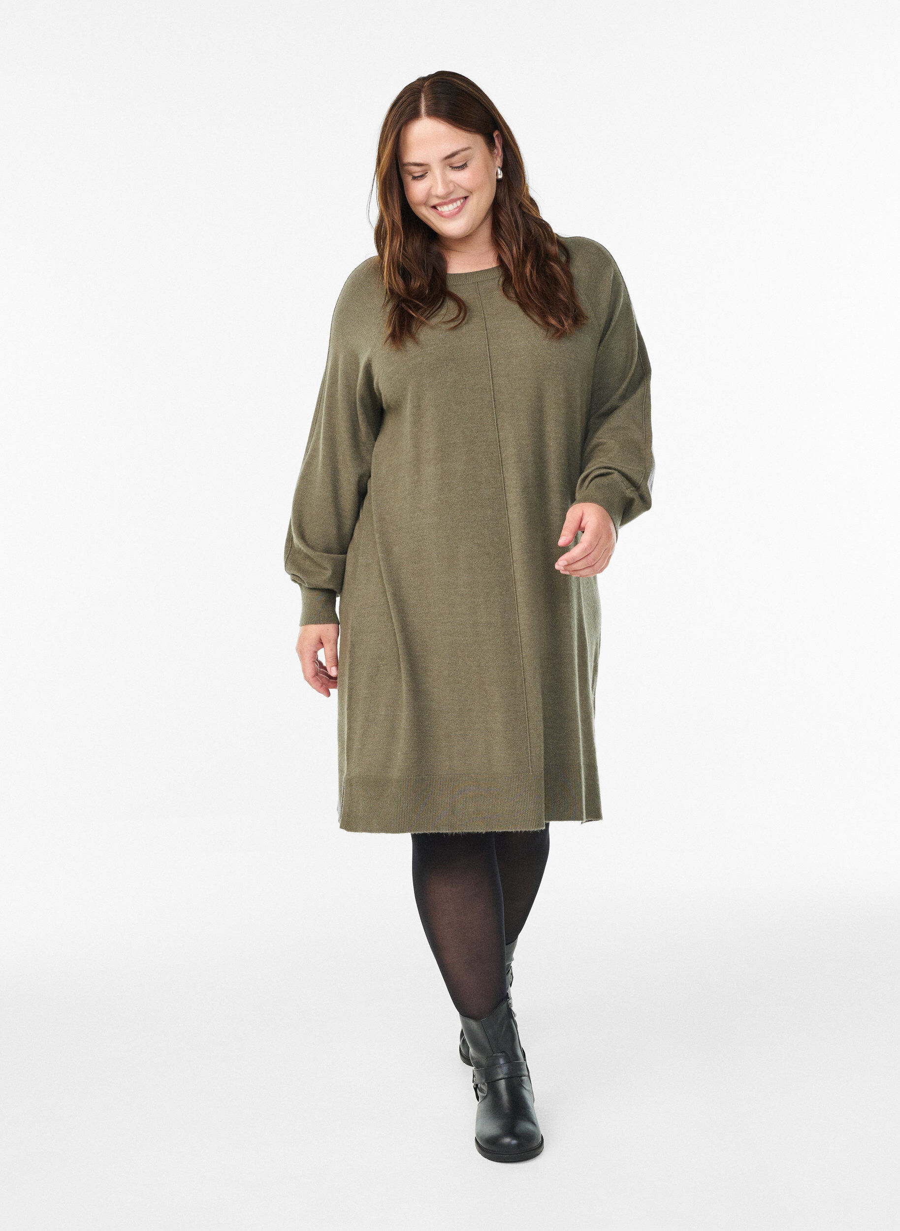 ZizzifashionShort knitted dress with raglan sleeves and a centre seam, Green, Model image number 1
