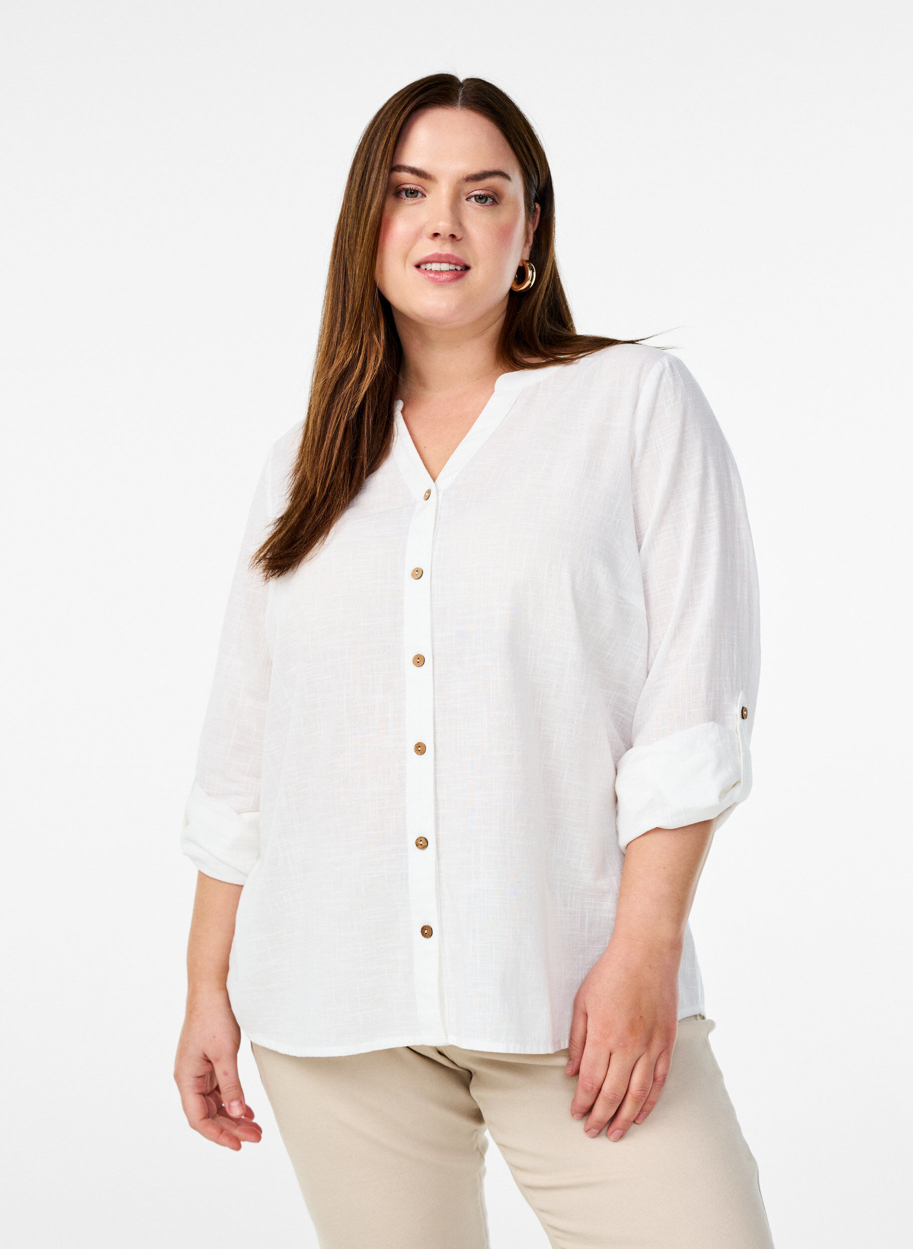 ZizzifashionCotton shirt blouse with a v-neck, White, Model image number 0