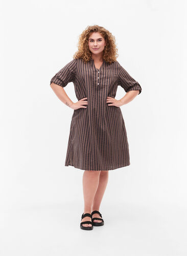 Striped cotton dress with 3/4 sleeves, Falcon/Navy Stripe, Model image number 4