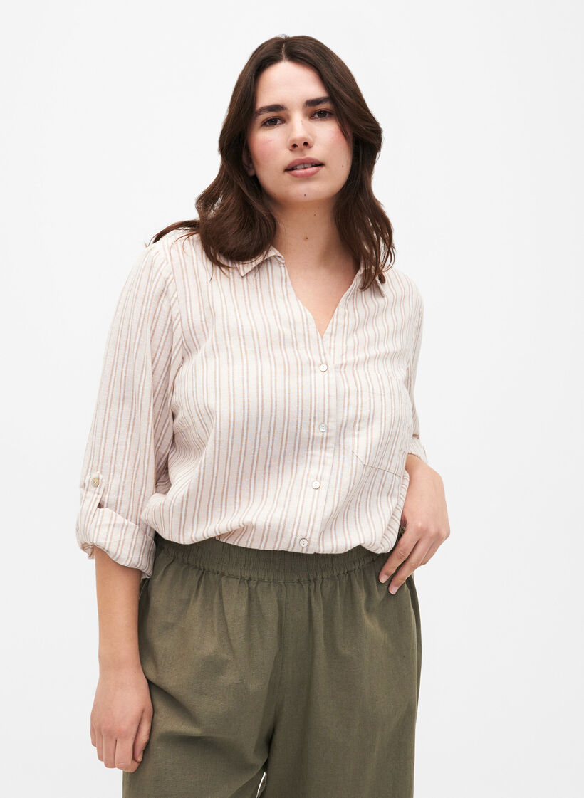 Shirt blouse with button closure in cotton-linen blend, Sandshell White, Model image number 0