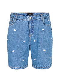 High-waist denim shorts with embroidered hearts