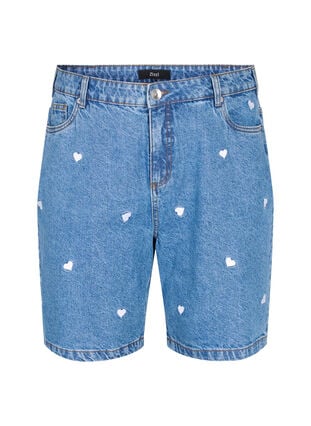 High-waist denim shorts with embroidered hearts, Light Blue Heart, Packshot image number 0