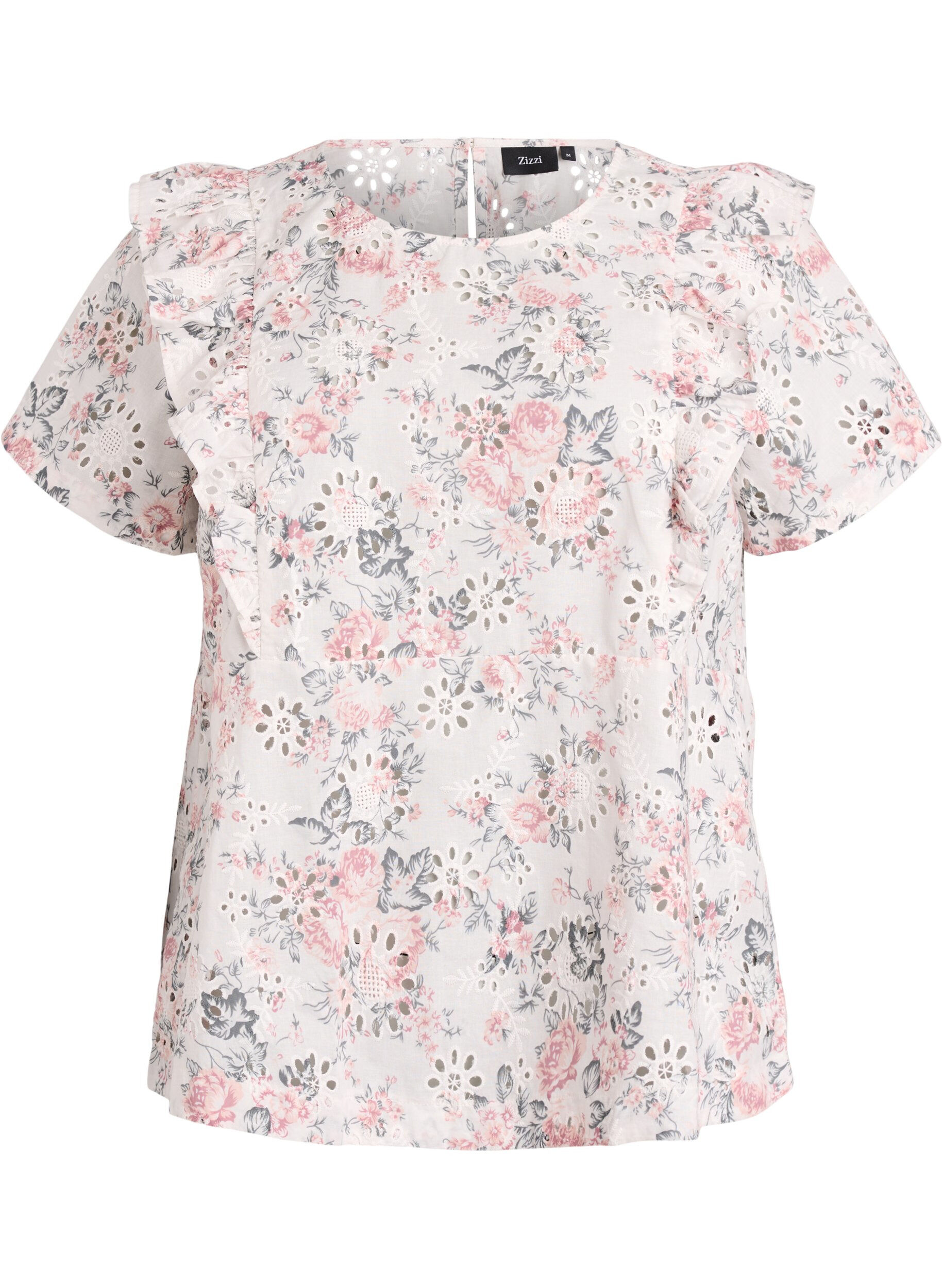 ZizzifashionCotton blouse with broderie anglaise and ruffles, Red, Packshot image number 0