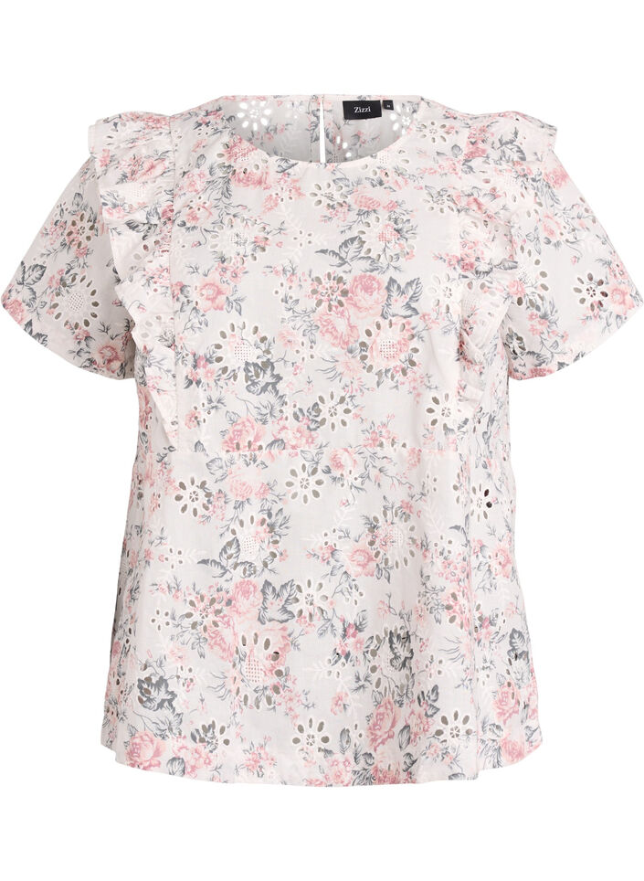 Cotton blouse with broderie anglaise and ruffles, Red, Packshot image number 0
