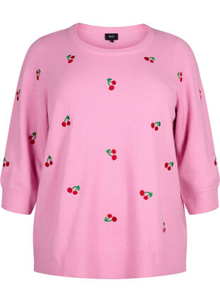 3/4 sleeve knitted blouse with lemons, B.Pink/Wh.Mel/Cherry, Packshot image number 0