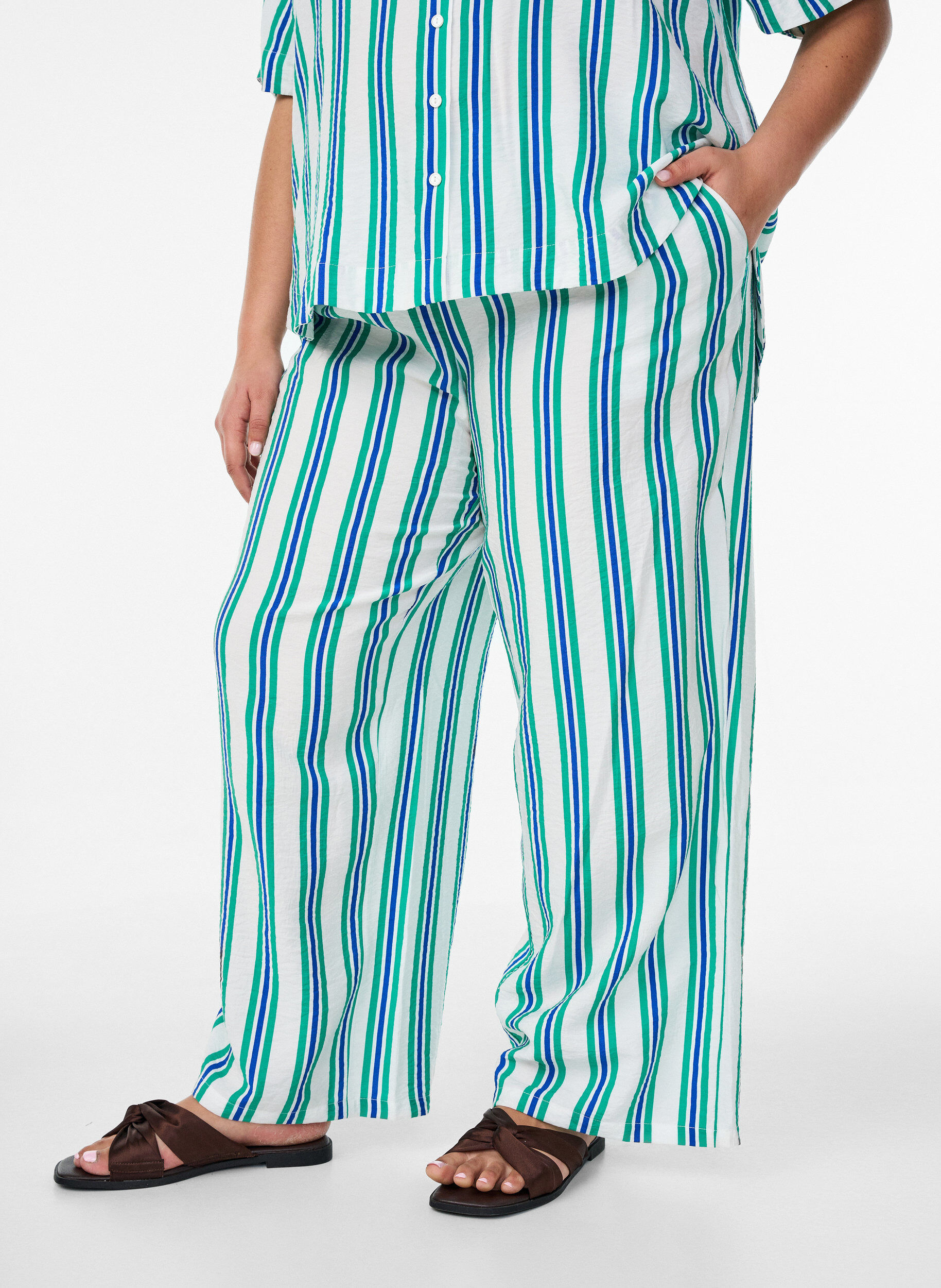 ZizzifashionStriped trousers with a high waist and wide legs, Vanilla, Model image number 0