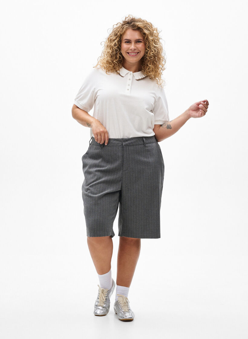 Polo shirt with rhinestone buttons and ruffle detail, Vanilla, Model image number 1