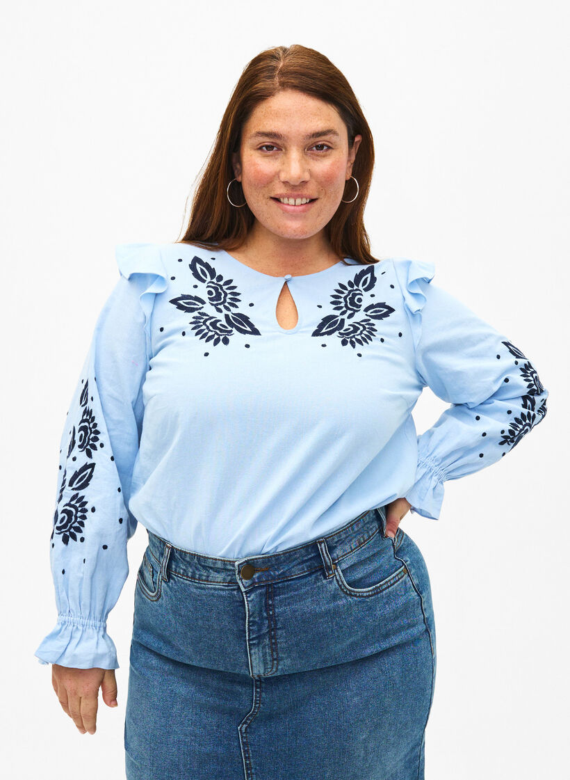 Cotton blouse with embroidery and ruffles, Light Blue, Model image number 0