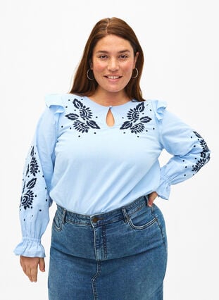Cotton blouse with embroidery and ruffles, Ch. Blue w. Navy, Model image number 0