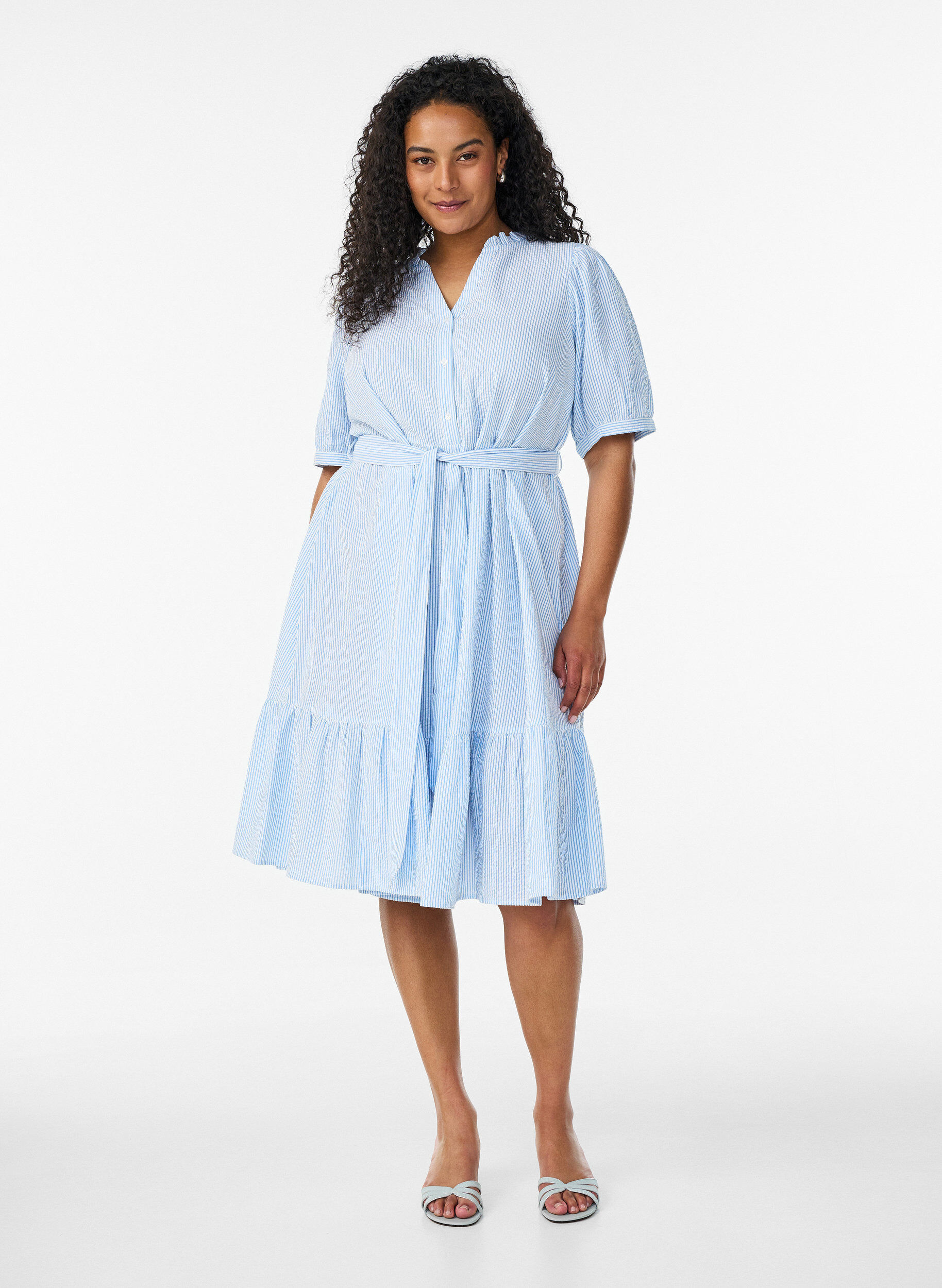 ZizzifashionStriped midi dress in cotton with a tie-belt, White, Model image number 1