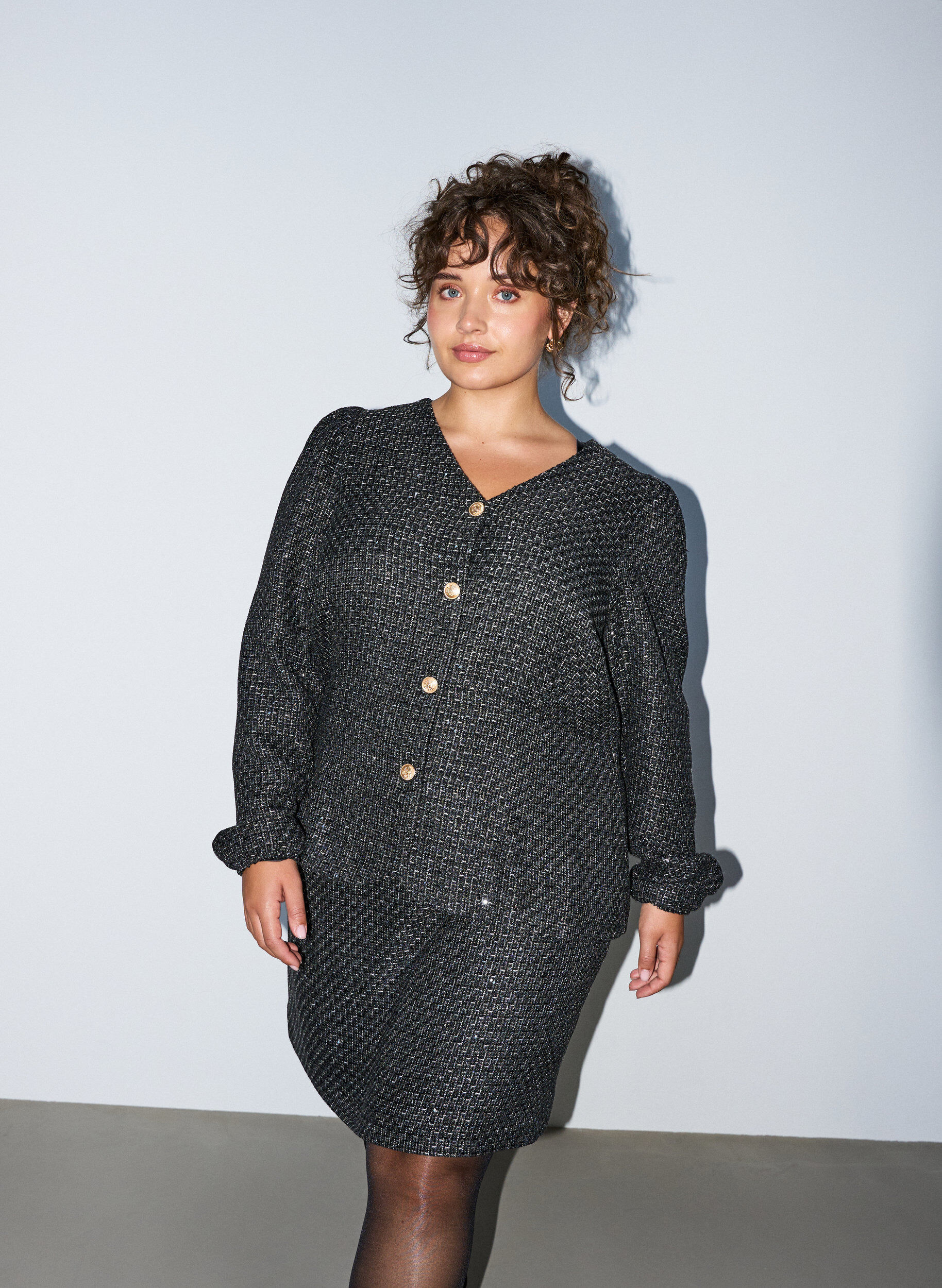 Boucl&eacute; jacket with sequins and decorative buttons, Black, Model