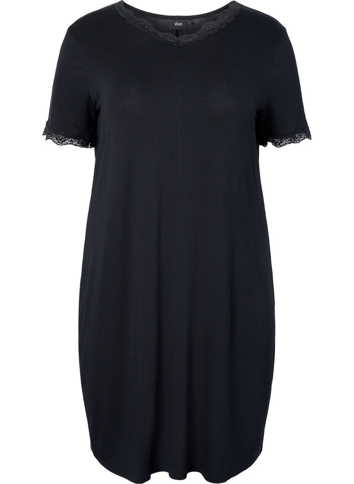 Short-sleeved viscose nightie with lace edges, Black, Packshot image number 0