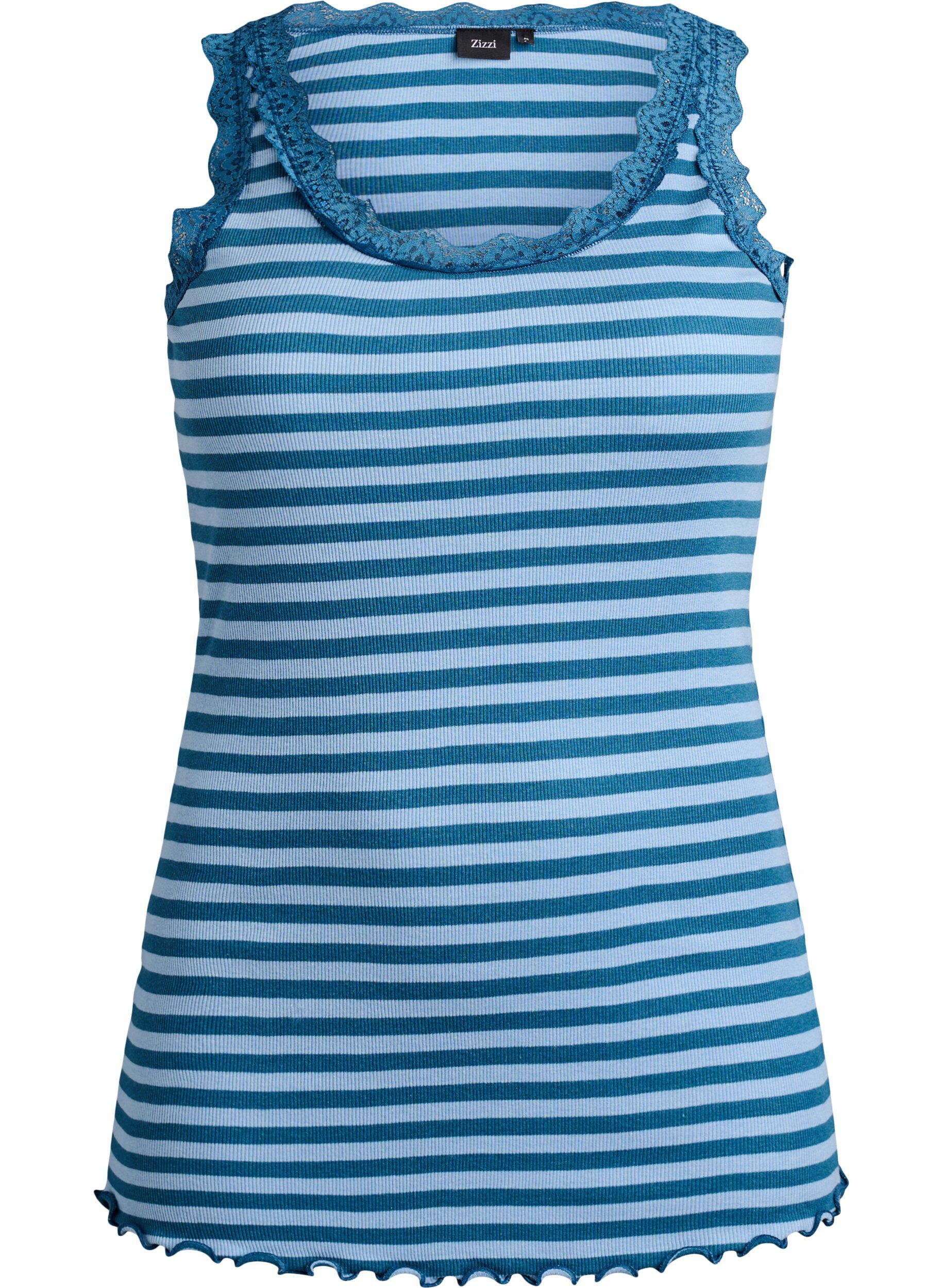 Striped top with a ribbed texture and a lace trim