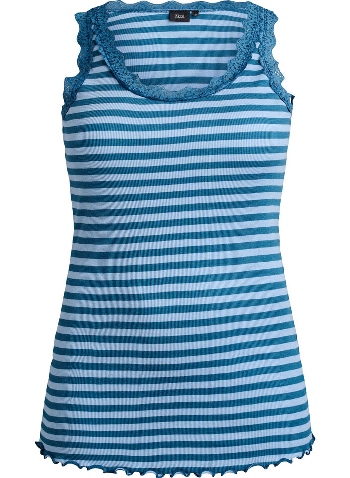 Striped top with a ribbed texture and a lace trim, Blue, Packshot image number 0