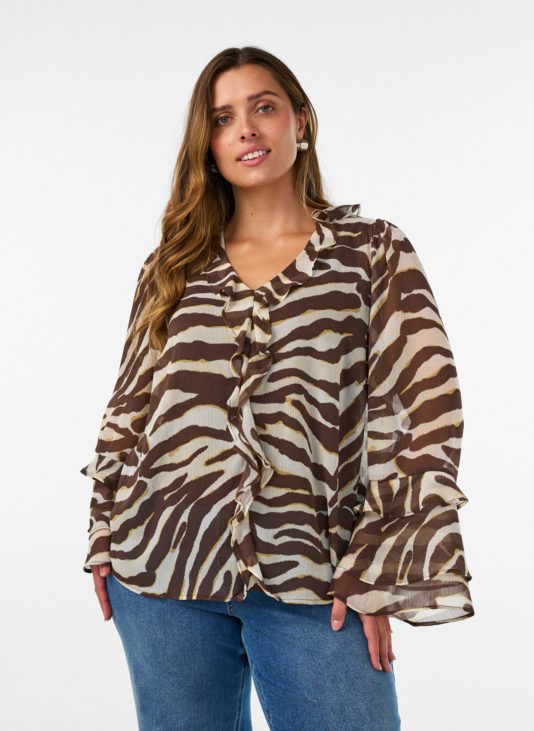 ZizzifashionChiffon blouse with zebra print and ruffles, Brown, Model image number 0