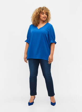 Striped blouse with short sleeves, Victoria blue, Model image number 2
