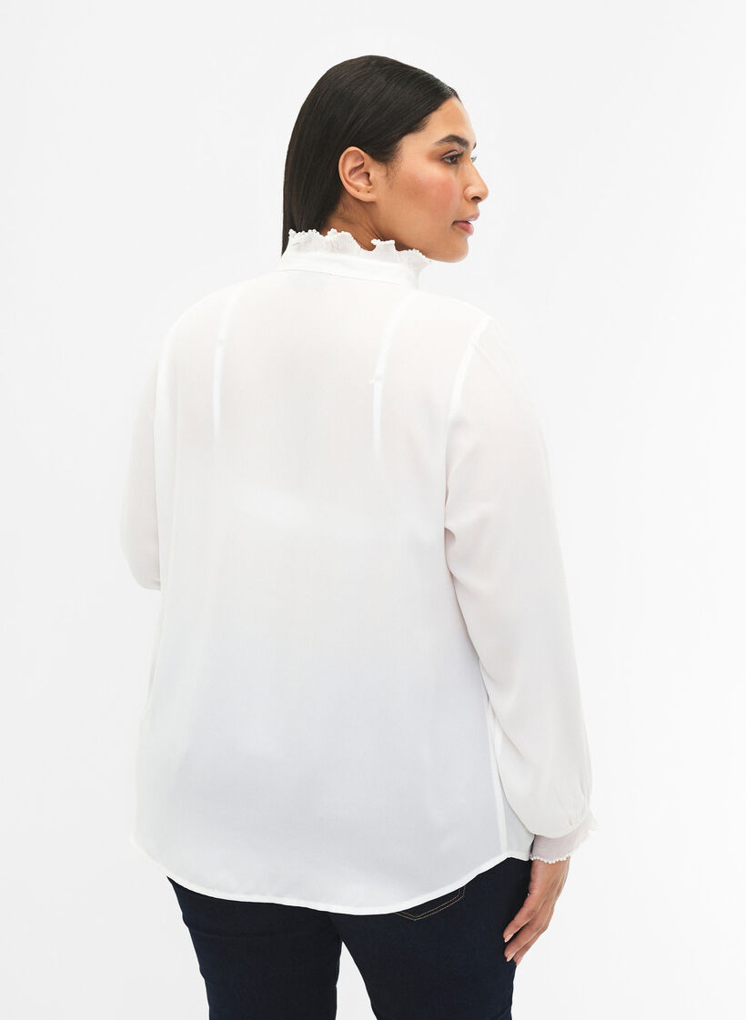 Shirt blouse with ruffle details, Bright White, Model image number 1