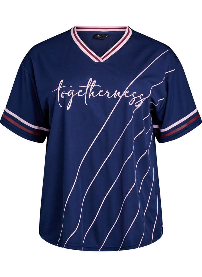 Sporty t-shirt with stripes and text motif, Blue, Packshot image number 0