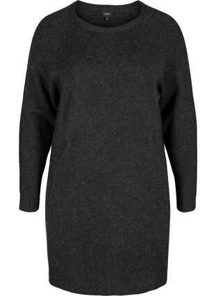 Long-sleeved, marled knitted dress with rounded neckline, Dark Grey Melange, Packshot image number 0