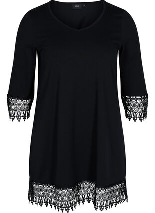 Cotton tunic with 3/4-length sleeves and lace details, Black, Packshot image number 0