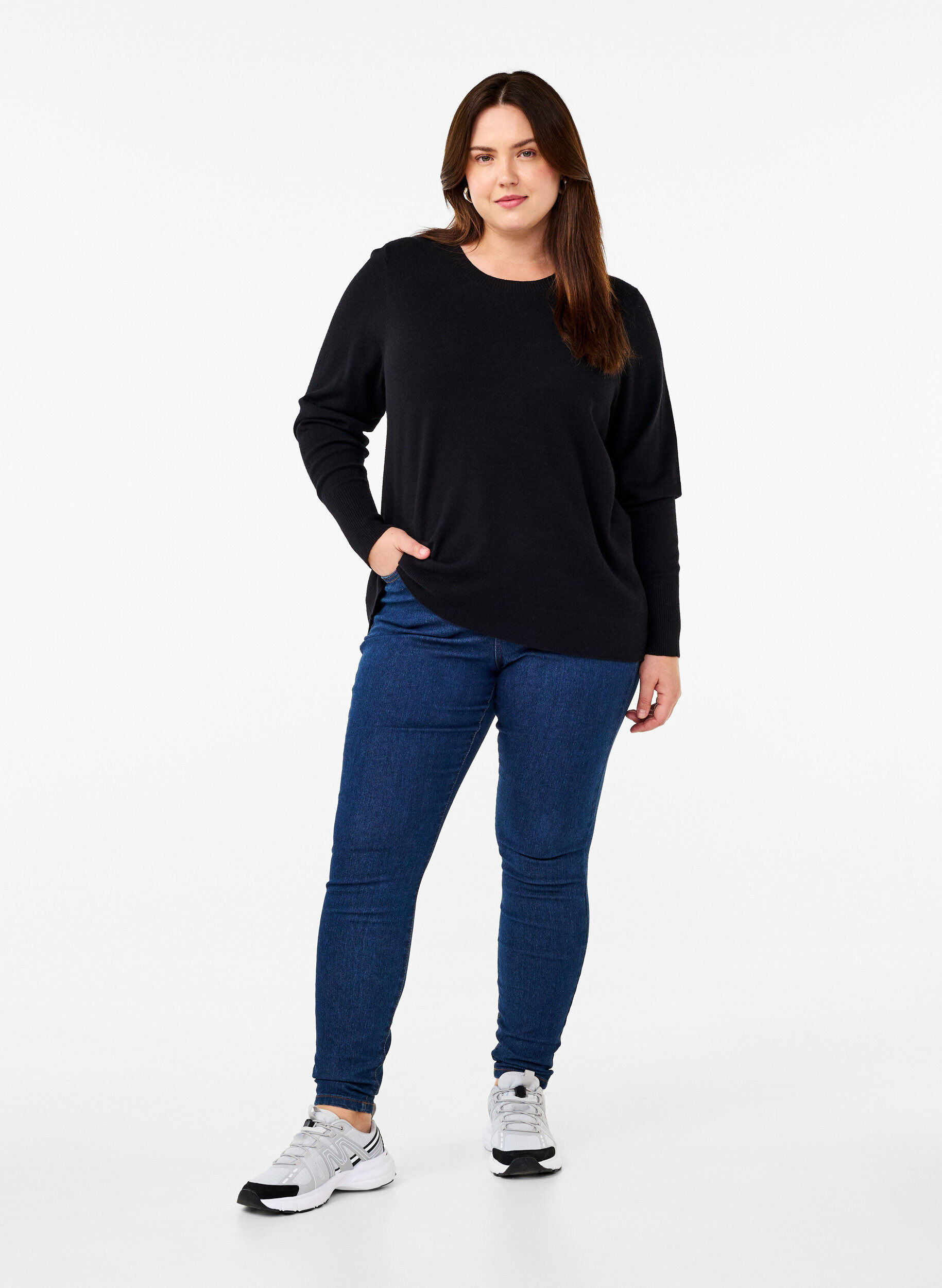ZizzifashionKnitted blouse with a round neck, Black, Model image number 1