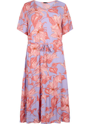 Short-sleeved viscose midi dress with floral print, Lavender Flower, Packshot image number 0